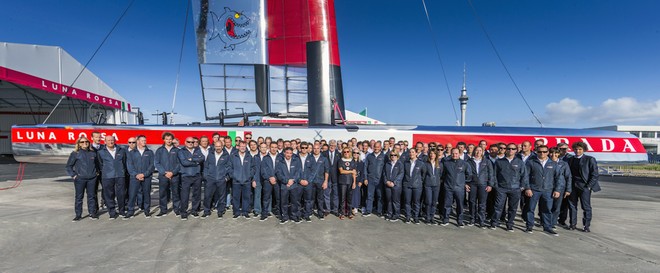 Launch of the new Luna Rossa AC72 wingsailed catamaran on Friday, Oct. 26, 2012, in Auckland, New Zealand. <br />
The Luna Rossa catamaran, skippered by Max Sirena, is the Italian Challenger to the 34th America’s Cup that will be held in San Francisco in 2013.<br />
The team with Miuccia Prada and Patrizio Bertelli, Team Principal Luna Rossa Challenge 2013.<br />
(Photo: LUNA ROSSA / Carlo Borlenghi) - Luna Rossa 2012 launch in Auckland © Luna Rossa/Studio Borlenghi
