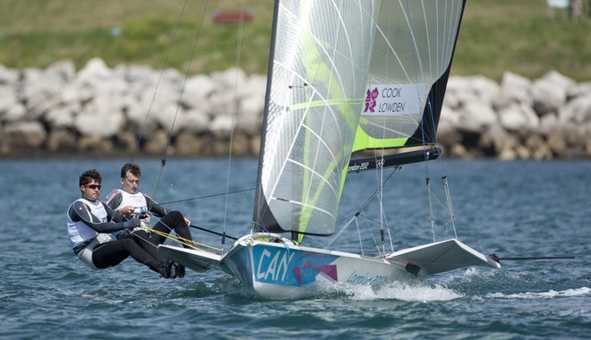 Gordon Cook and Hunter Lowden (CAN) competing in the Men’s Skiff (49er) event in The London 2012 Olympic Sailing Competition. © onEdition http://www.onEdition.com
