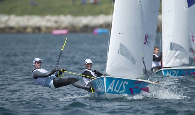 Mathew Belcher and Malcolm Page (AUS) competing in the Men’s Two Person Dinghy (470) event in The London 2012 Olympic Sailing Competition. © onEdition http://www.onEdition.com