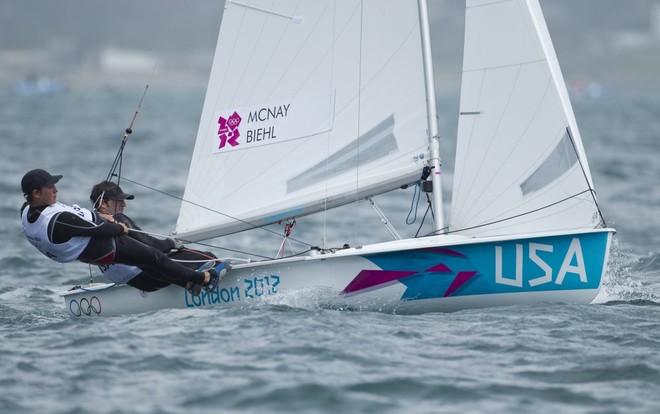 Stuart McNay and Graham Biehl (USA) competing in the Men’s Two Person Dinghy (470) event in The London 2012 Olympic Sailing Competition. © onEdition http://www.onEdition.com