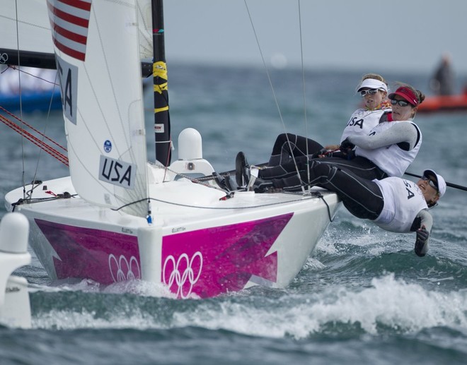 Anna Tunnicliffe, Debbie Capozzi and Molly O’Bryan Vandemoer (USA) competing in the Women’s Match Racing (Elliott 6M) event in The London 2012 Olympic Sailing Competition. © onEdition http://www.onEdition.com