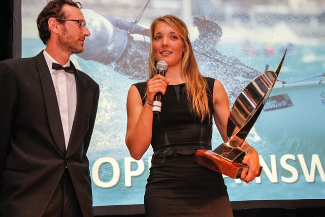 Sophie Ainsworth collects the Development Squad Sailor of the Year prize. ©  Paul Wyeth / RYA http://www.rya.org.uk