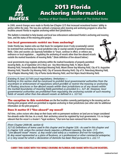 Boaters can download this two page BoatUS Florida Anchoring Tip Sheet by visiting www.BoatUS.com/gov/flanchoringsheet © BoatUS Press Room