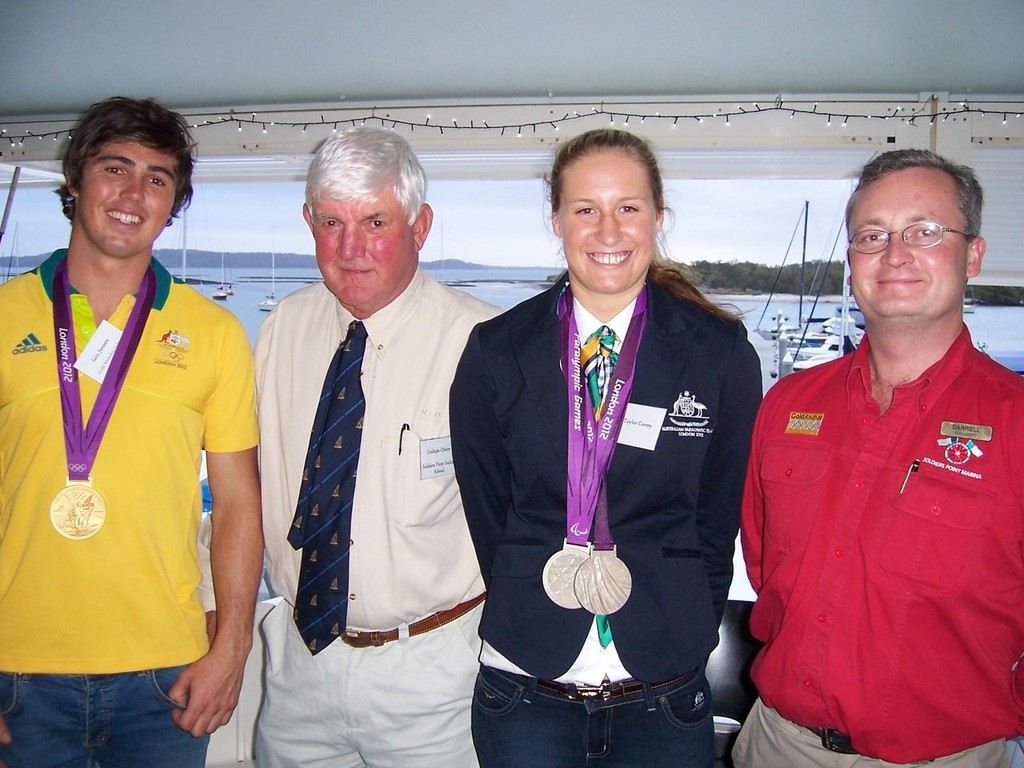 Iain Jensen, Graham Oborn Chief Sailing Instructor, Taylor Corry, Darrell Barnett Soldiers Point Marina Manager - Olympic Medallists Visit Soldiers Point Marina to Talk to Students photo copyright Nelson Bay taken at  and featuring the  class