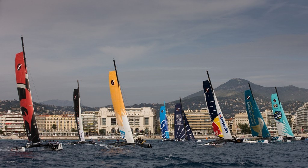 The fleet of Extreme 40s races upwind on the final day of racing on the Bay of Angels in Nice - 2012 Extreme Sailing Series Act 7 photo copyright Lloyd Images http://lloydimagesgallery.photoshelter.com/ taken at  and featuring the  class