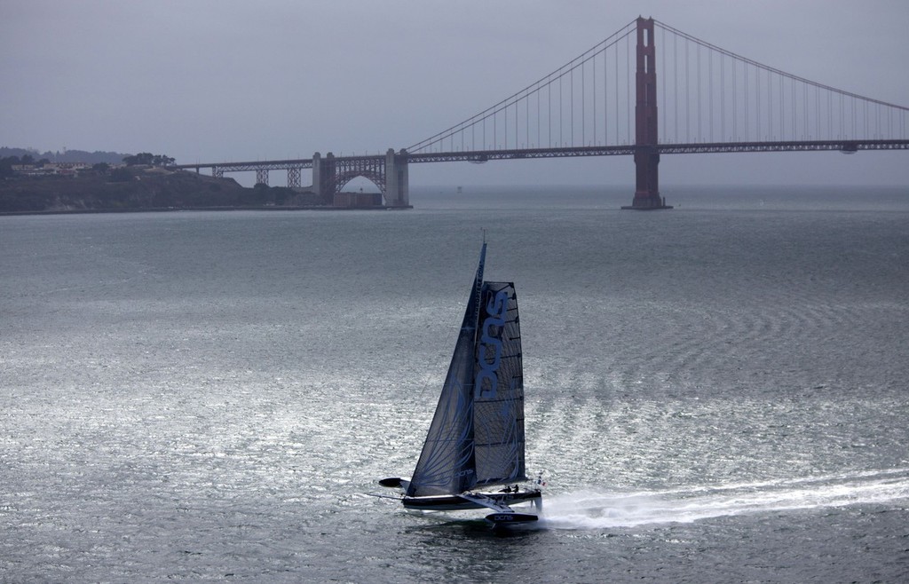 Aerial photo shoot of L’Hydroptère DCNS, Alain Thébault and his crew (Jacques Vincent, Yves Parlier, Jean Le Cam, Robert Douglas) sailing in San Francisco, California, USA. photo copyright Christophe Launay taken at  and featuring the  class