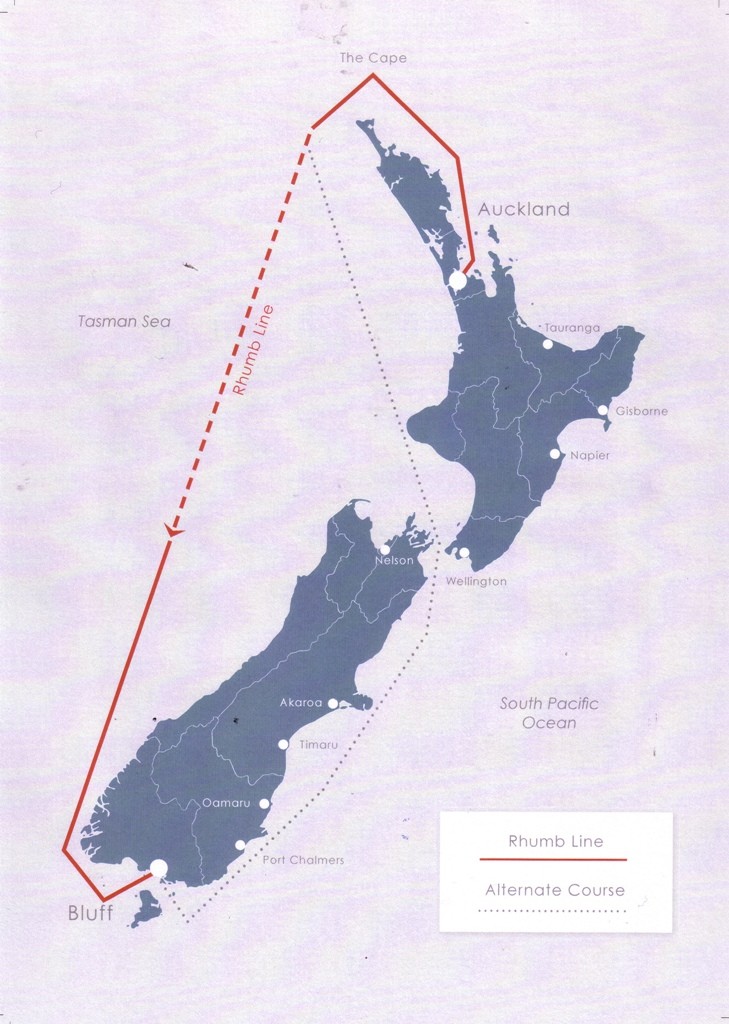 Course for the Auckland to Bluff race, showing the direct and rough weather alternative course through Cook Strait photo copyright SW taken at  and featuring the  class