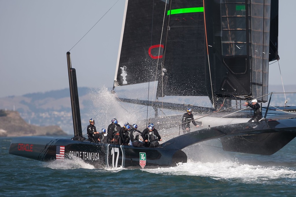 Oracle Team USA crashes back to windward, judging by the heel angle her leeward hull would seem to have been at least partially foiing © ACEA - Photo Gilles Martin-Raget http://photo.americascup.com/