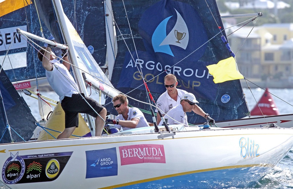 Johnie Berntsson leads Bjorn Hansen around the final windward mark after a topsy turvy match. - 2012 Argo Group Gold Cup © Charles Anderson/RBYC
