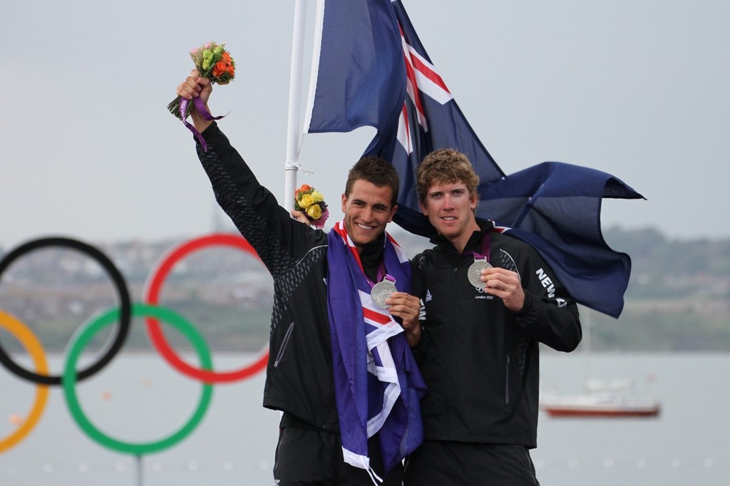  August 7, 2012 - Weymouth, England - Blair Tuke and Peter Burling on the 2012 Olympic medal podium at Portland photo copyright Richard Gladwell www.photosport.co.nz taken at  and featuring the  class