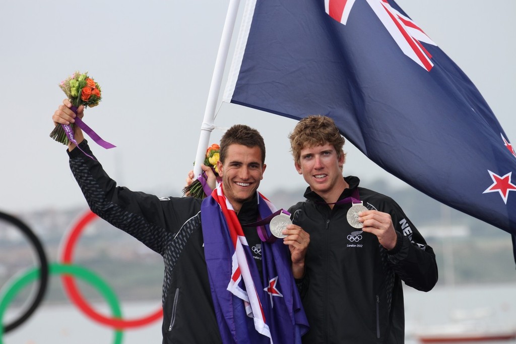  August 7, 2012 - Weymouth, England - Blair Tuke and Peter Burling on the 2012 Olympic medal podium at Portland photo copyright Richard Gladwell www.photosport.co.nz taken at  and featuring the  class