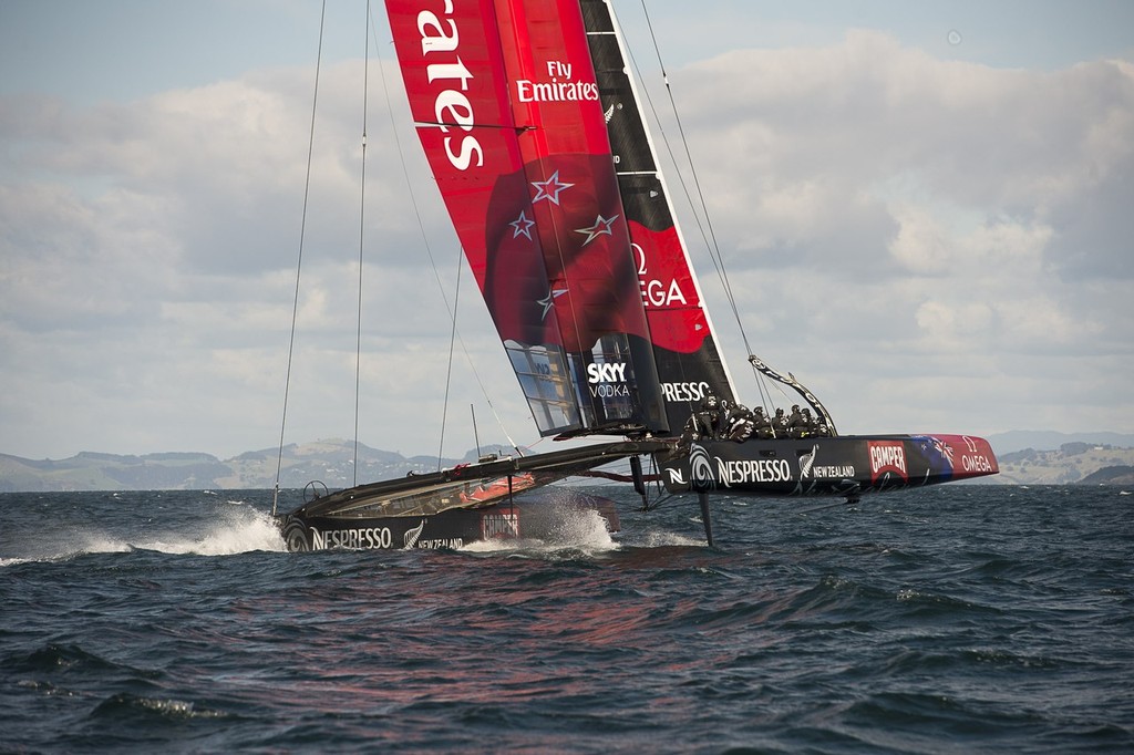 Emirates Team  New Zealand sailing their recently launched AC72 on the Hauraki Gulf. photo copyright Chris Cameron/ETNZ http://www.chriscameron.co.nz taken at  and featuring the  class