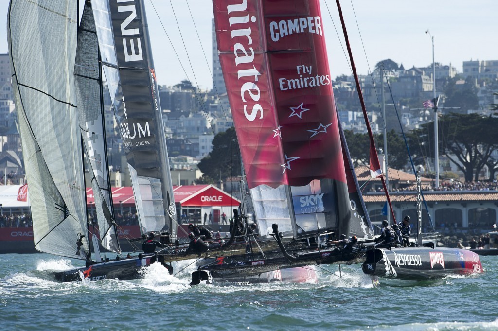 Emirates Team New Zealand sailing in the last fleet race of the America&rsquo;s Cup World Series, San Francisco regatta. photo copyright Chris Cameron/ETNZ http://www.chriscameron.co.nz taken at  and featuring the  class