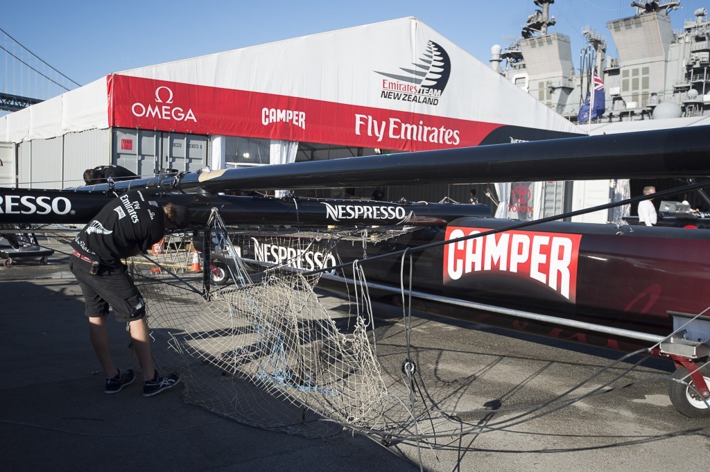 Work starts on dismantling Emirates Team New Zealand&rsquo;s AC45 and base for transporting back to New Zealand at the end of the America&rsquo;s Cup World Series regatta in San Francisco. photo copyright Chris Cameron/ETNZ http://www.chriscameron.co.nz taken at  and featuring the  class