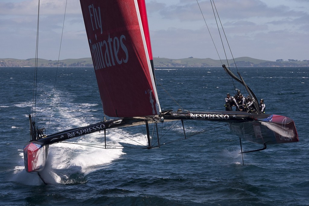 Emirates Team New Zealand during an earlier testing the  AC72 on the Hauraki Gulf.  © Chris Cameron/ETNZ http://www.chriscameron.co.nz