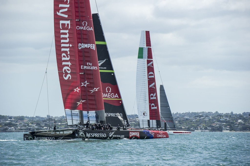 Luna Rossa and Emirates Team New Zealand in the first race between AC72s © Chris Cameron/ETNZ http://www.chriscameron.co.nz