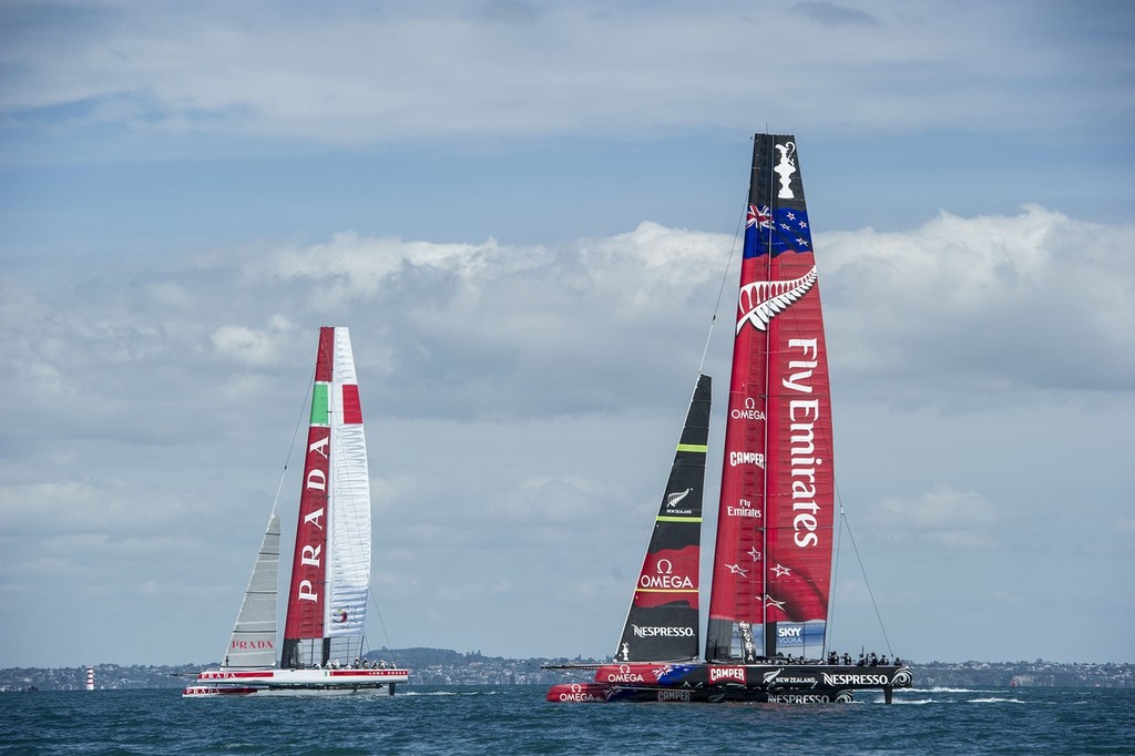 Luna Rossa and Emirates Team New Zealand in the first race between AC72s. Hauraki Gulf. Auckland. 20/11/2012 photo copyright Chris Cameron/ETNZ http://www.chriscameron.co.nz taken at  and featuring the  class