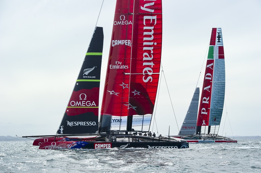 Emirates Team New Zealand and Luna Rossa practice racing in the Hauraki Gulf. 27/11/2012 photo copyright Chris Cameron/ETNZ http://www.chriscameron.co.nz taken at  and featuring the  class