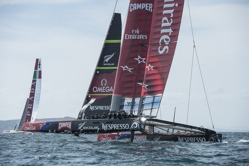 Emirates Team New Zealand and Luna Rossa practice racing their AC72s on the Hauraki Gulf. 3/12/2012 photo copyright Chris Cameron/ETNZ http://www.chriscameron.co.nz taken at  and featuring the  class