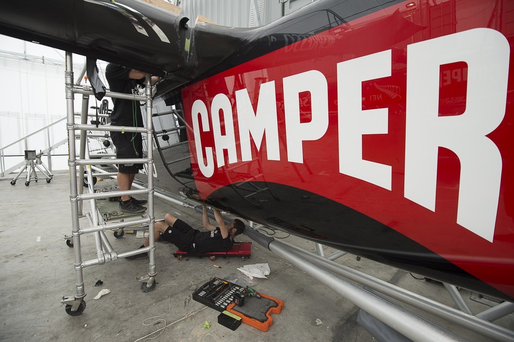 Emirates Team New Zealand’s first AC72 is stripped down. photo copyright Chris Cameron/ETNZ http://www.chriscameron.co.nz taken at  and featuring the  class