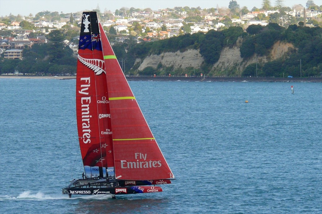 Emirates Team New Zealand fully lifted on her L-Foils and sailing on the Waitemata Harbour, Auckland, New Zealand - August 2012 © Swan Images http://www.sail-world.com
