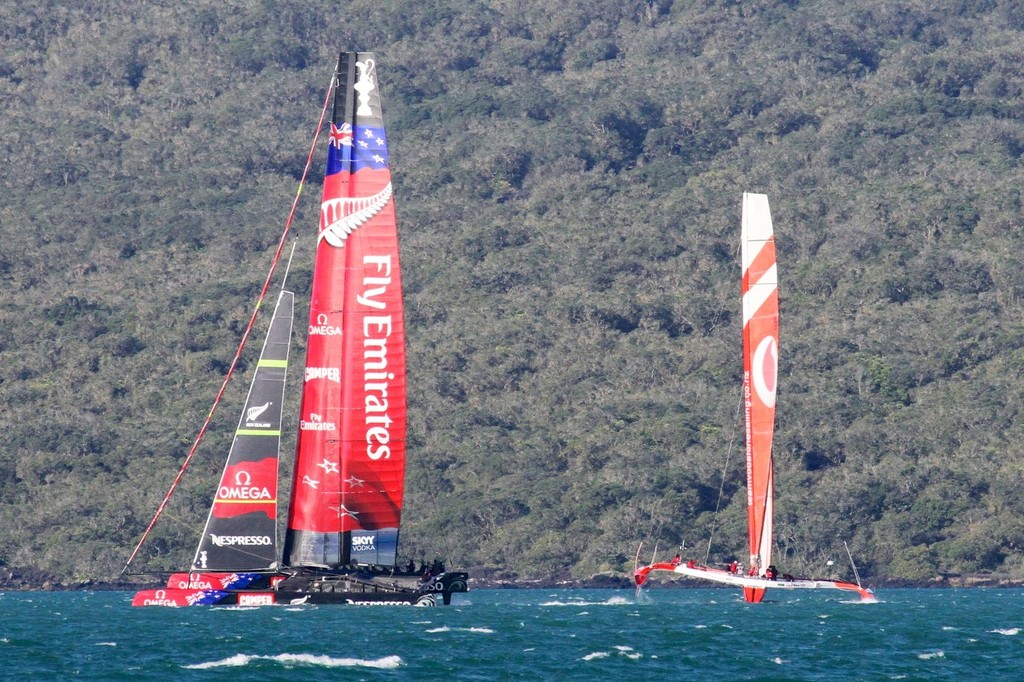 Emirates Team NZ lines up against the ORMA60 Team VodafoneSailing - Emirates Team NZ AC72 October 12,2012 photo copyright Richard Gladwell www.photosport.co.nz taken at  and featuring the  class