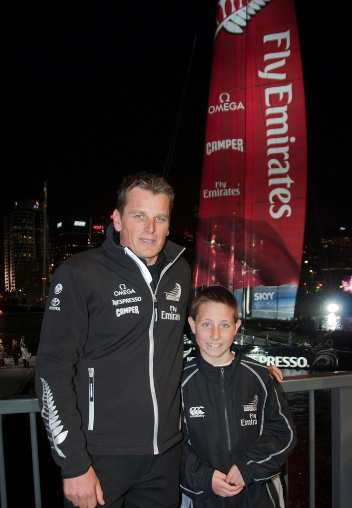 Emirates Team NZ Buddy Blake Olsen of Warkworth with Dean Barker. Blake is named after former team leader the late Sir Peter Blake photo copyright Emirates Team New Zealand http://www.etnzblog.com taken at  and featuring the  class