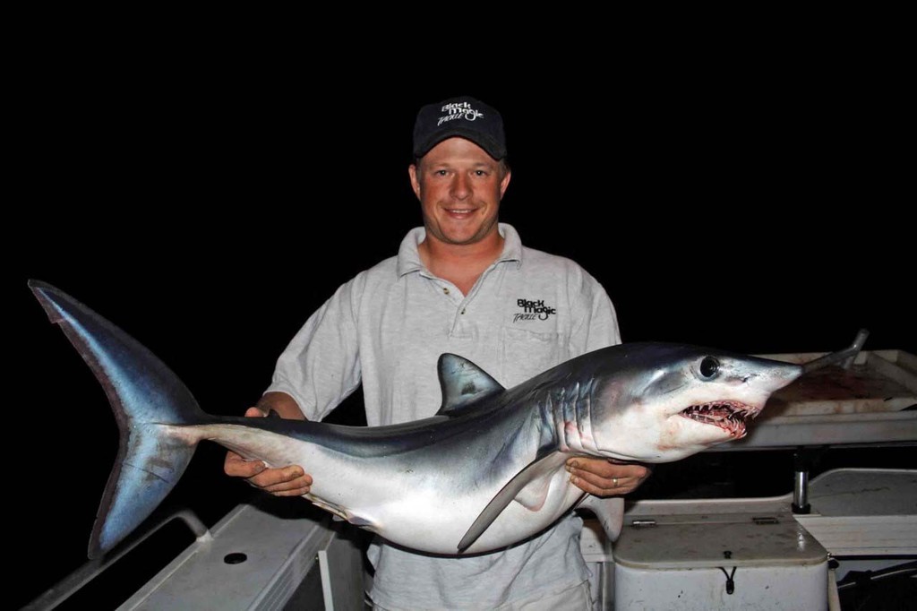 The author’s first night time mako shark....at this size, they are still a handful to tackle! ©  Jarrod Day www.jarrodday.com