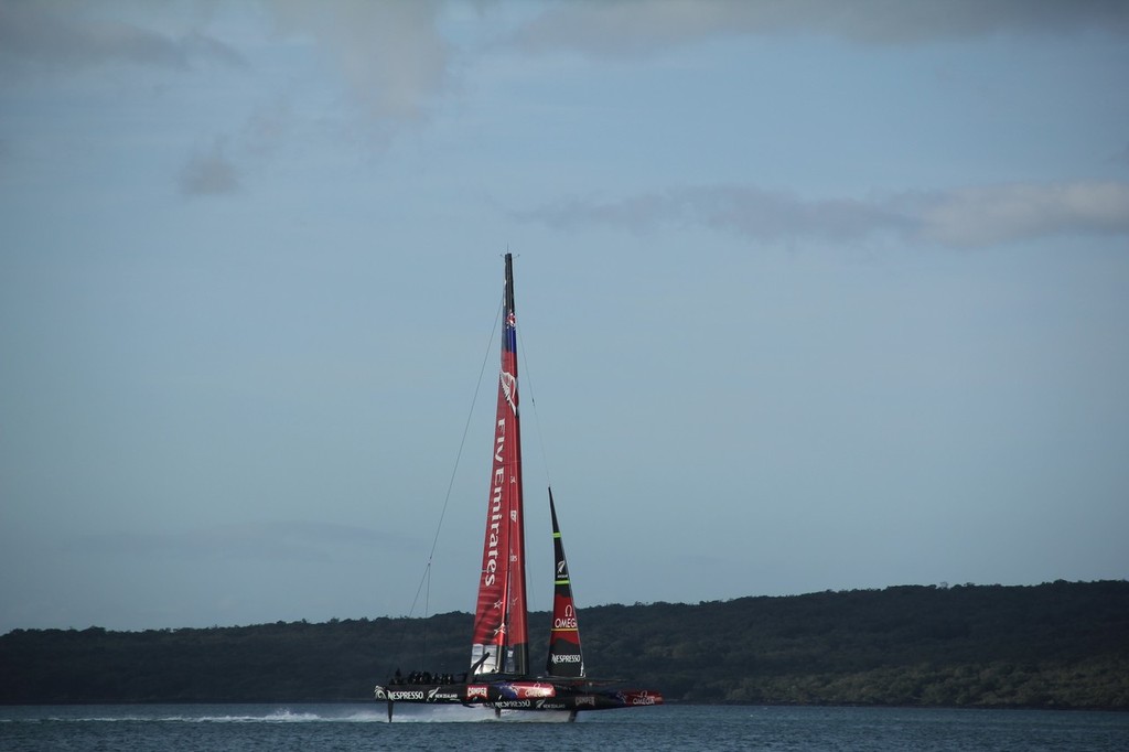 Emirates Team NZ’s AC72 flying low and fast up the Rangitoto Channel photo copyright Wright Images http://www.sail-world.com taken at  and featuring the  class