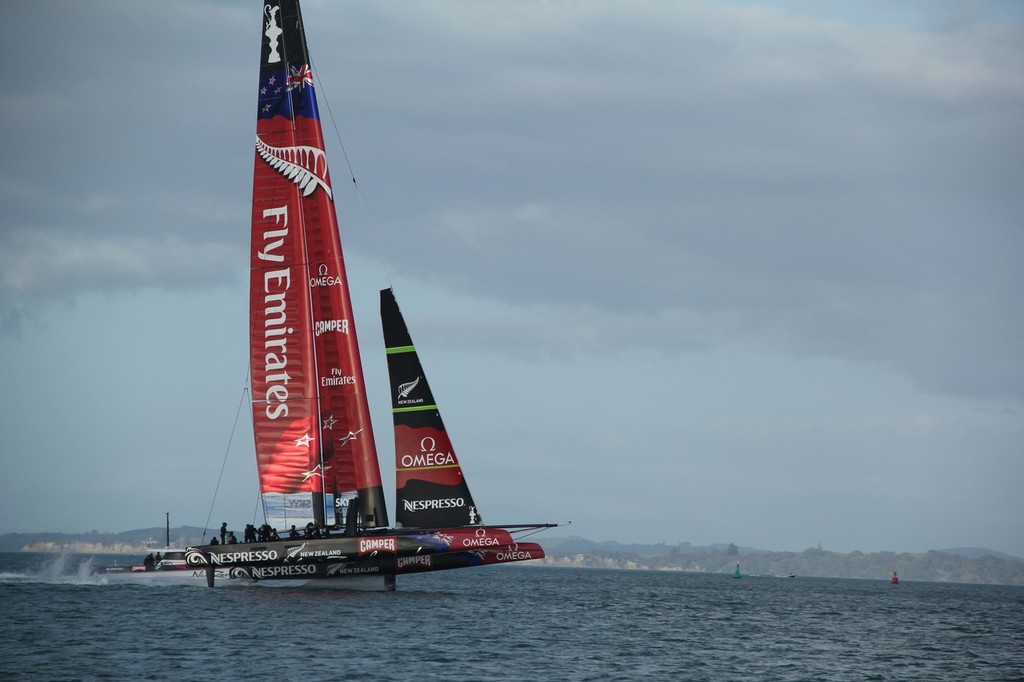 Emirates Team NZ - AC72 - rears slightly experiencing an increase in windstrength off North Head  September 6, 2012 photo copyright Wright Images http://www.sail-world.com taken at  and featuring the  class