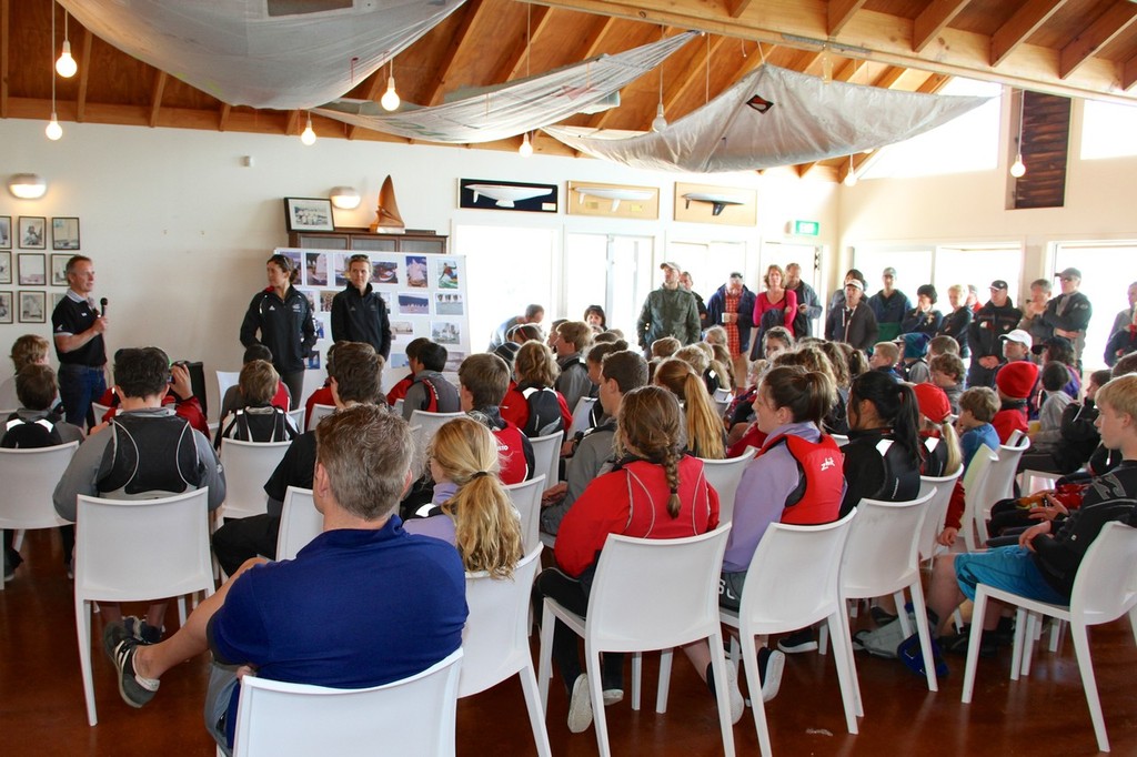 Yachting NZ CEO David Abercrombie addresses the young sailors  and Jo Aleh and Olivia Powrie at Kohimaramara Yacht Club  Sunday September 23, 2012  © Richard Gladwell www.photosport.co.nz
