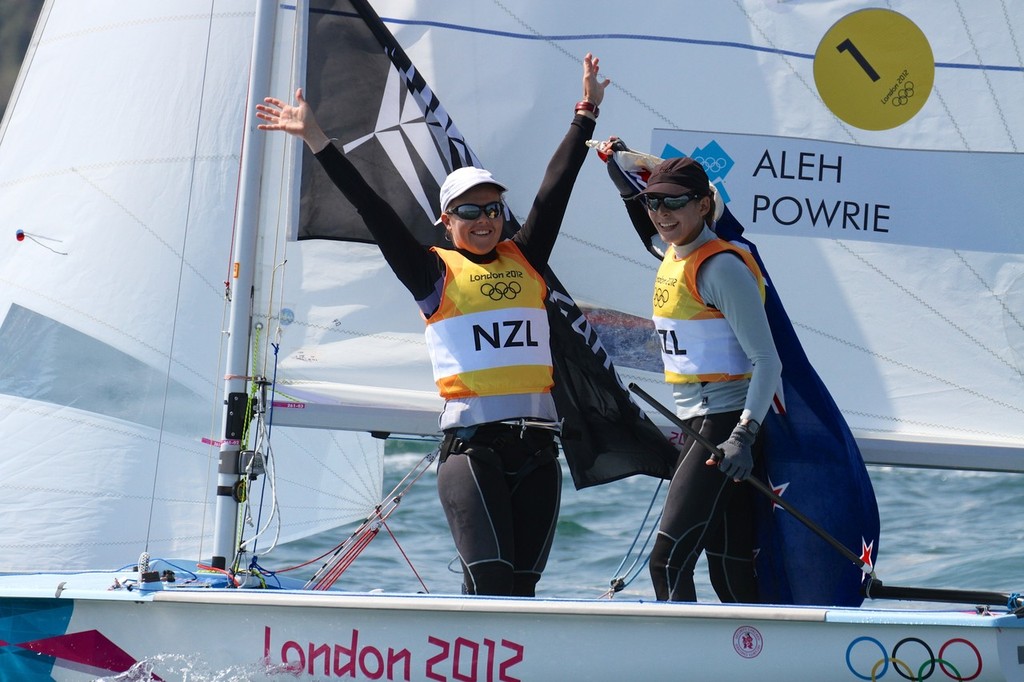 Team Jolly (Olivia ``Polly`` Powrie and Jo Aleh) celebrate after the Medal race - 2012 Olympic Regatta photo copyright Richard Gladwell www.photosport.co.nz taken at  and featuring the  class