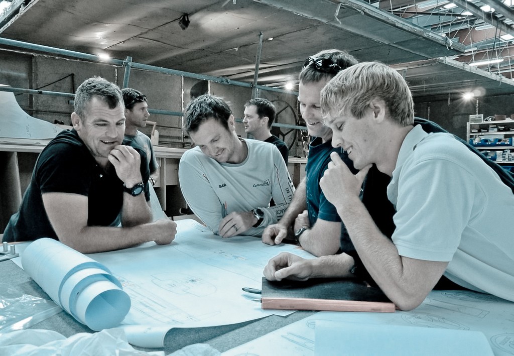 Volvo Ocean Race experts Richard Mason, Phil Harmer, Chris Nicholson and Emerson Smith (Farr Yachts) working closely on the new design at Multiplast, France. © Volvo Ocean Race http://www.volvooceanrace.com