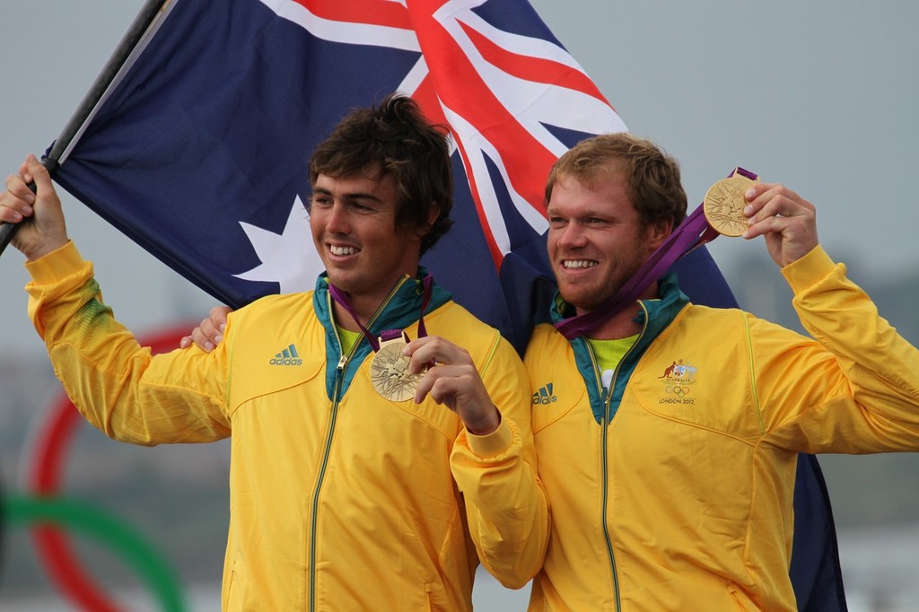  August 8, 2012 - Weymouth, England - Nathan Outteridge and Iain Jensen (AUS) Gold Medal winners photo copyright Richard Gladwell www.photosport.co.nz taken at  and featuring the  class
