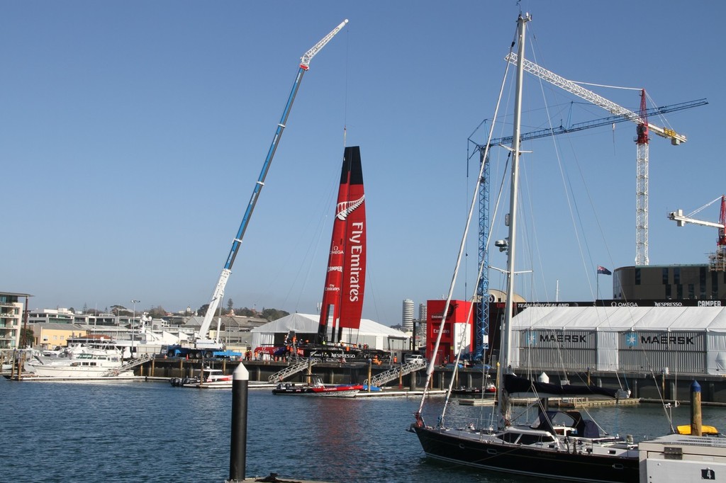 July 18, 2012 America's Cup - World's first First AC72 unveiled - Emirates Team NZ AC72 first rigging - Viaduct Habour, Auckland, New Zealand photo copyright Richard Gladwell www.photosport.co.nz taken at  and featuring the  class