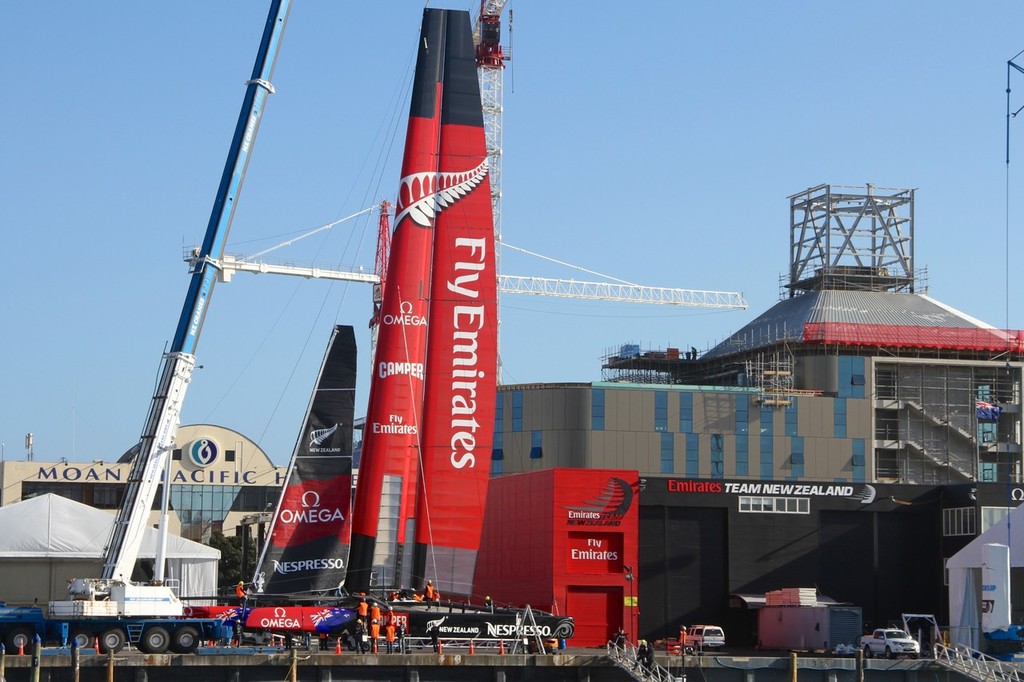 July 18, 2012 America’s Cup - World’s first First AC72 unveiled - Emirates Team NZ AC72 first rigging - Viaduct Habour, Auckland, New Zealand © Richard Gladwell www.photosport.co.nz