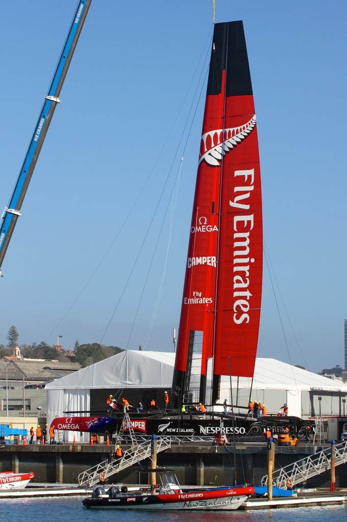 July 18, 2012 America's Cup - World's first First AC72 unveiled - Emirates Team NZ AC72 first rigging - Viaduct Habour, Auckland, New Zealand photo copyright Richard Gladwell www.photosport.co.nz taken at  and featuring the  class
