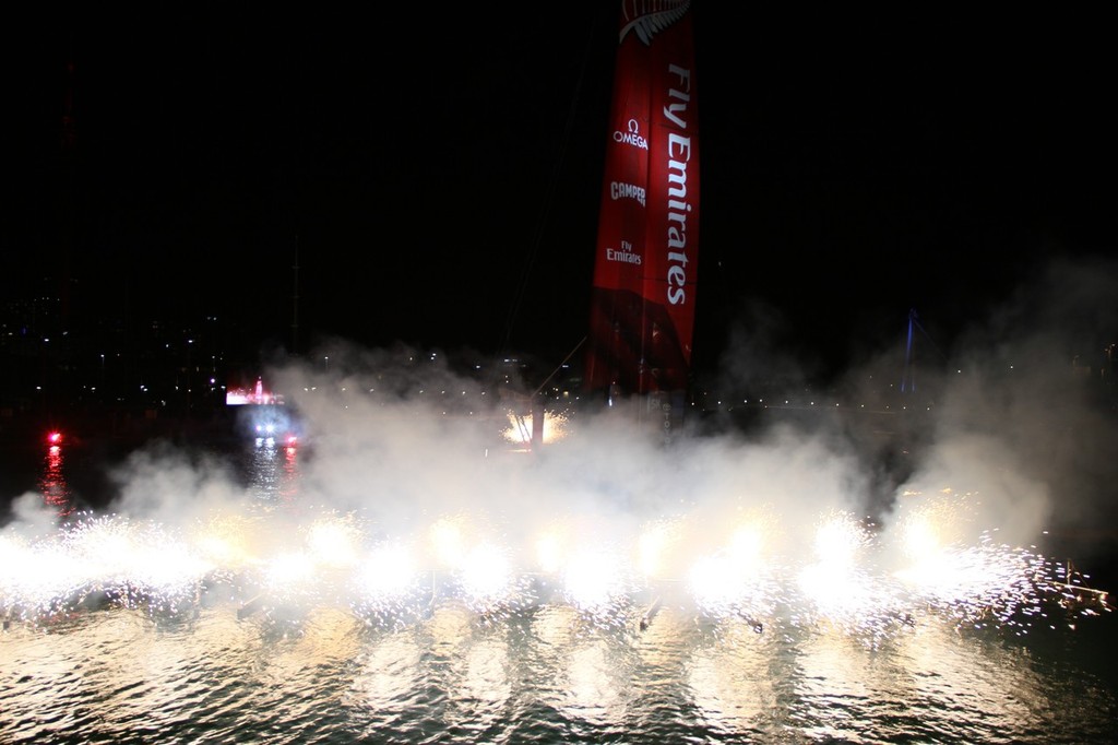 July 21, 2012 America's Cup - Emirates Team NZ Launch at the Viaduct Harbour, Auckland. Fireworks after the yacht is named New Zealand photo copyright Richard Gladwell www.photosport.co.nz taken at  and featuring the  class