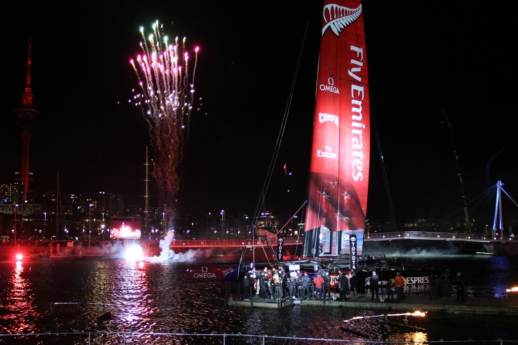 July 21, 2012 America's Cup - Emirates Team NZ Launch at the Viaduct Harbour, Auckland. Fireworks follow the namimg ceremony. The Sky Tower is dressed in red photo copyright Richard Gladwell www.photosport.co.nz taken at  and featuring the  class