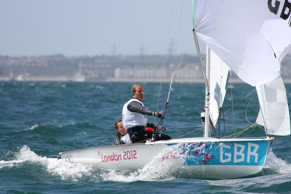  August 3, 2012 - Weymouth, England - Hannah Mills and Saskia Clark (GBR) lead the Womens 470 Race 1 at the end of the second leg, They led the 20 boat fleet at the end of the first day. photo copyright Richard Gladwell www.photosport.co.nz taken at  and featuring the  class