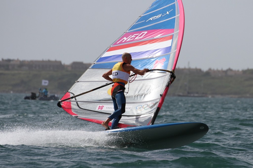  August 4, 2012 - Weymouth, England - Dorian van Rijsselberge (NED) coached by Aaron MacIntosh (NZL) leads the Mens Windsurfer (RS:X) by a 13pt margin photo copyright Richard Gladwell www.photosport.co.nz taken at  and featuring the  class