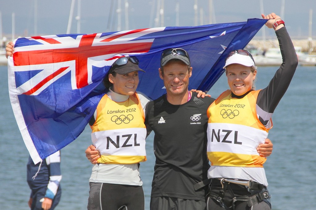 Jo Aleh and Olivia Powrie with coach Nathan Handley  after their Gold Medal win - 2012 Olympics © Richard Gladwell www.photosport.co.nz