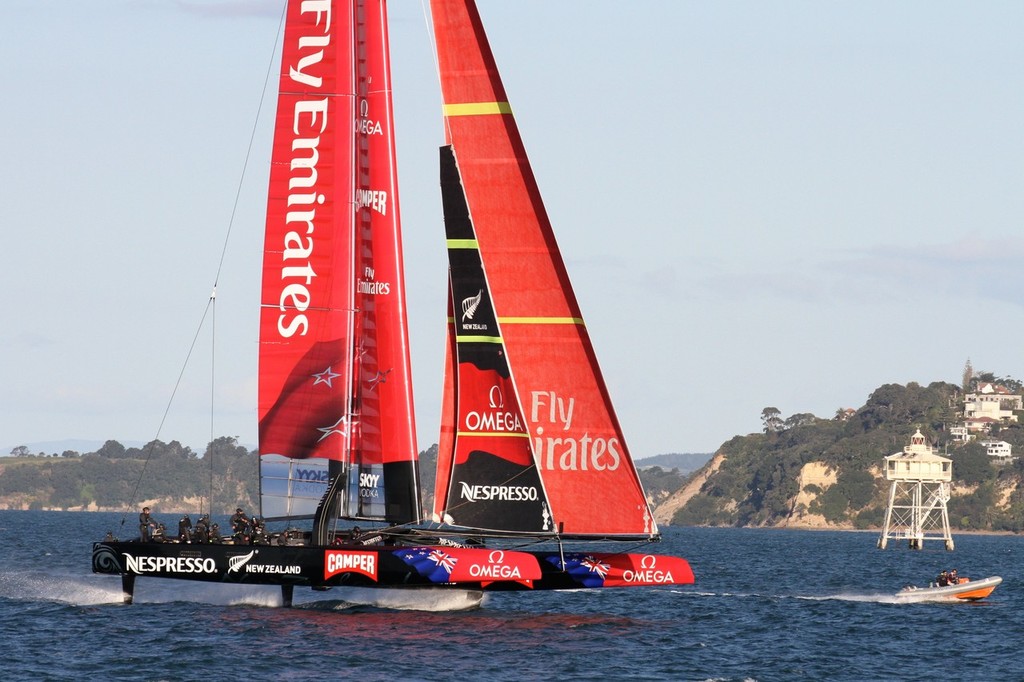  September 14, 2012 - Emirates Team NZ's AC72 returns to Auckland after her seventh day of sailing. She is sailing on hydrofoils - and is the latgest yacht to do so. The 34th America's Cup will be contested in foiling catamarans capable of speeds in excess of 40kts photo copyright Richard Gladwell www.photosport.co.nz taken at  and featuring the  class