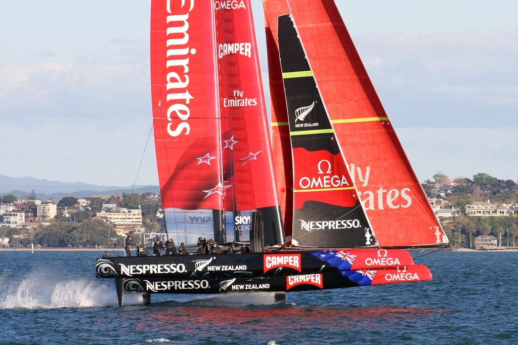  September 14, 2012 - Emirates Team NZ's AC72 returns to Auckland after her seventh day of sailing. She is sailing on hydrofoils - and is the latgest yacht to do so. The 34th America's Cup will be contested in foiling catamarans capable of speeds in excess of 40kts photo copyright Richard Gladwell www.photosport.co.nz taken at  and featuring the  class