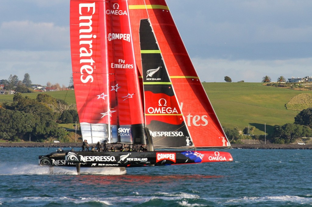 Emirates Team NZ’s AC72 returns to Auckland after her seventh day of sailing. © Richard Gladwell www.photosport.co.nz