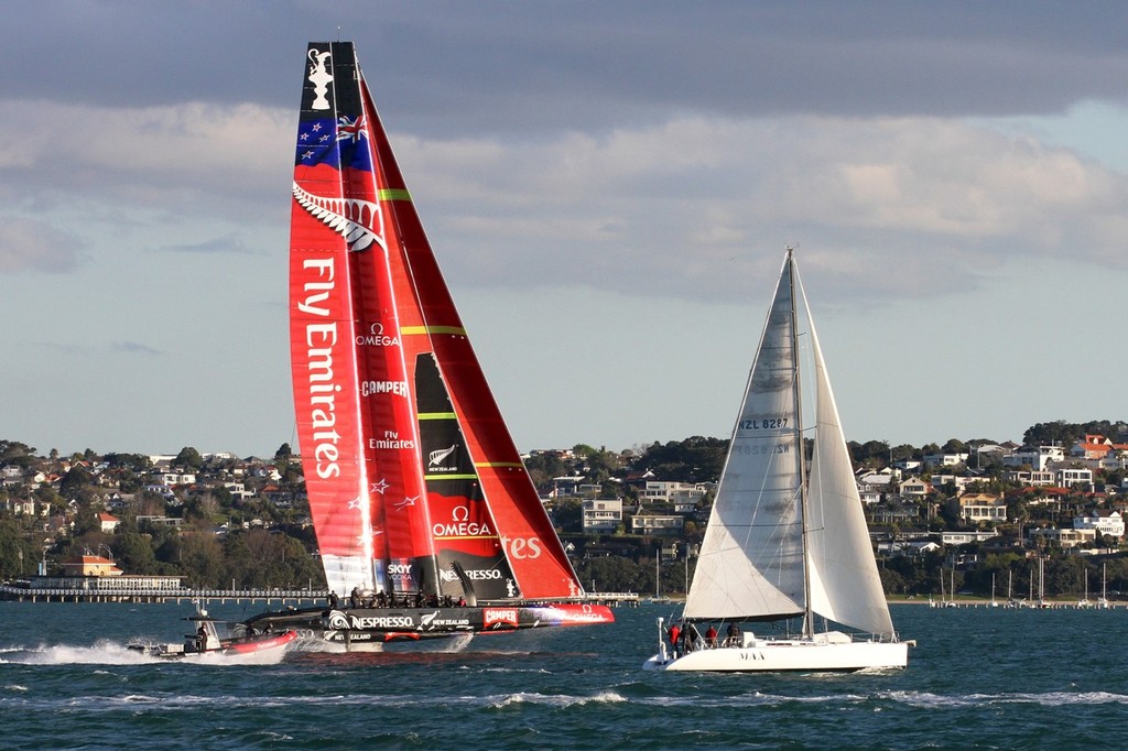  September 14, 2012 - Emirates Team NZ's AC72 returns to Auckland after her seventh day of sailing. She is sailing on hydrofoils - and is the latgest yacht to do so. The 34th America's Cup will be contested in foiling catamarans capable of speeds in excess of 40kts photo copyright Richard Gladwell www.photosport.co.nz taken at  and featuring the  class