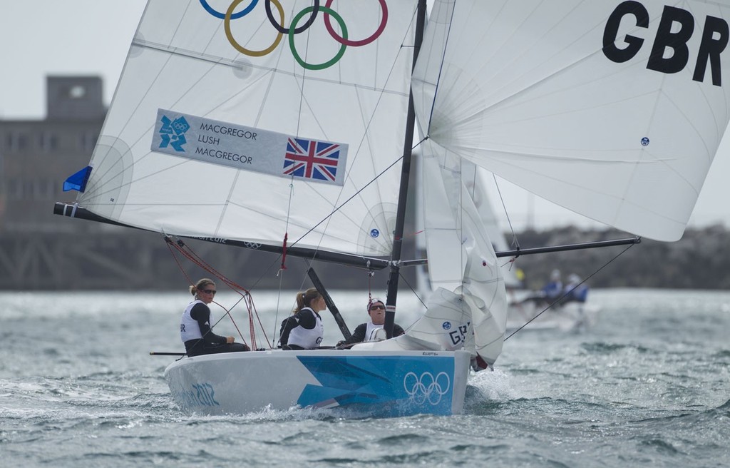 Lucy MacGregor, Annie Lush and Kate MacGregor (GBR) competing in the Women’s Match Racing (Elliott 6M) event in The London 2012 Olympic Sailing Competition. © onEdition http://www.onEdition.com