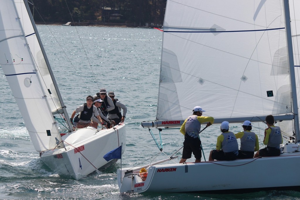 Sam Gilmour, left in the pre start semi final with Chris Steele - 20th Harken International Youth Match Racing Championships photo copyright Damian Devine taken at  and featuring the  class