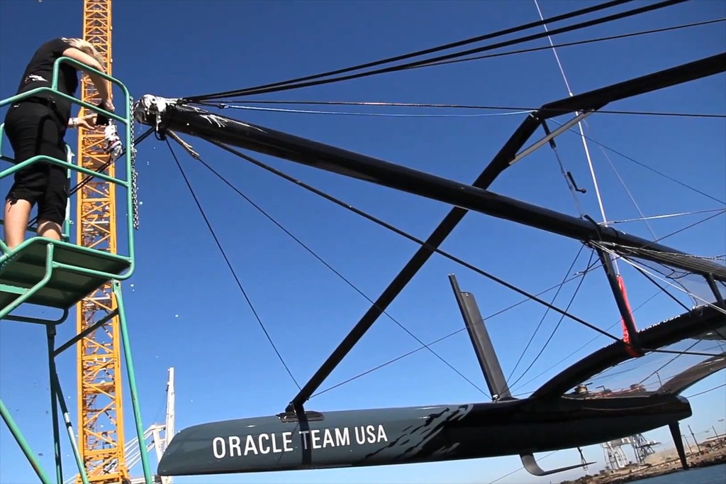 Oracle Team USA is christened ``17`` showing her slim hulls, L-foils and rudders photo copyright SW taken at  and featuring the  class