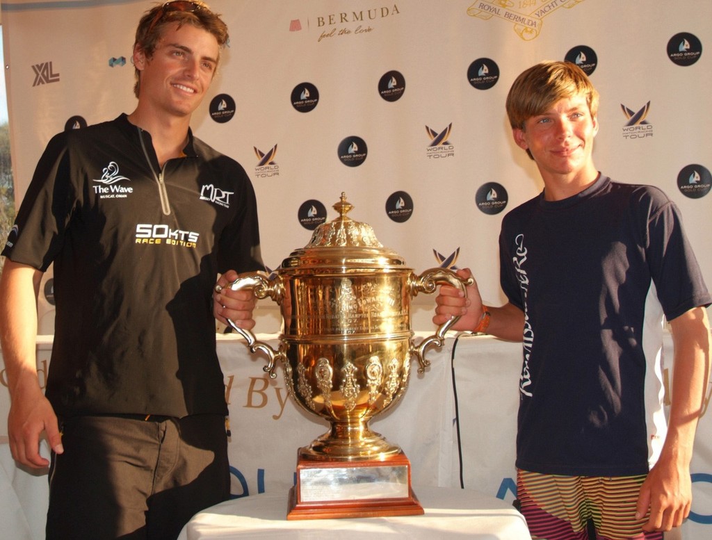 Two Gold Cup winners pose with the King Edward VII Gold cup Trophy. Wade Wadell (USA) won the 2011 Renaissance Re Junior Gold Cup and Torvar Mirsky winner of the Argo Group Gold Cup, stage 7 of the world Match Racing Tour. Credit Talbot Wilson photo copyright Talbot Wilson taken at  and featuring the  class